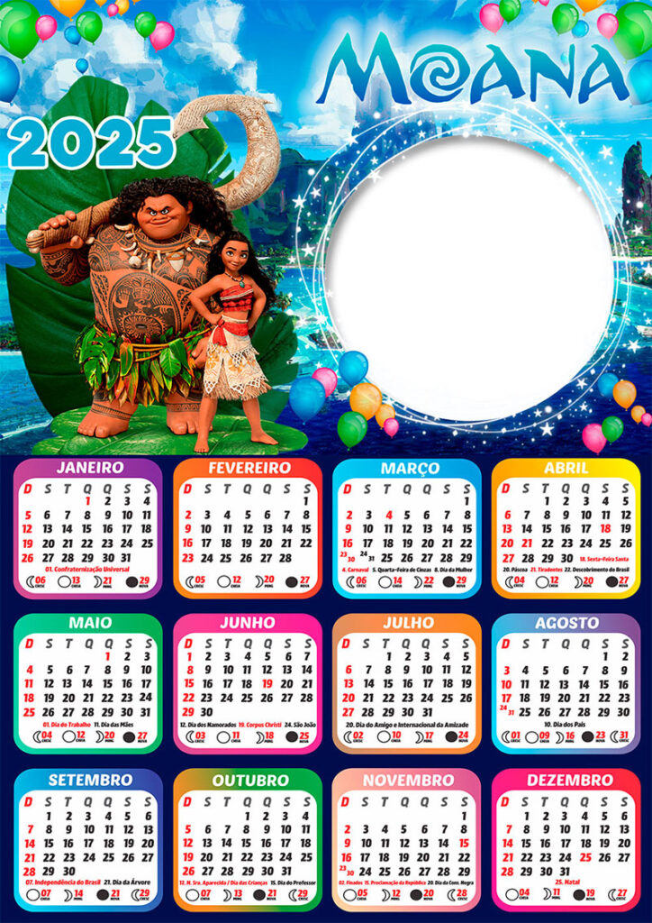 Calendário 2025 Aniversário Moana em PNG Arte Digital CalendárioLegal