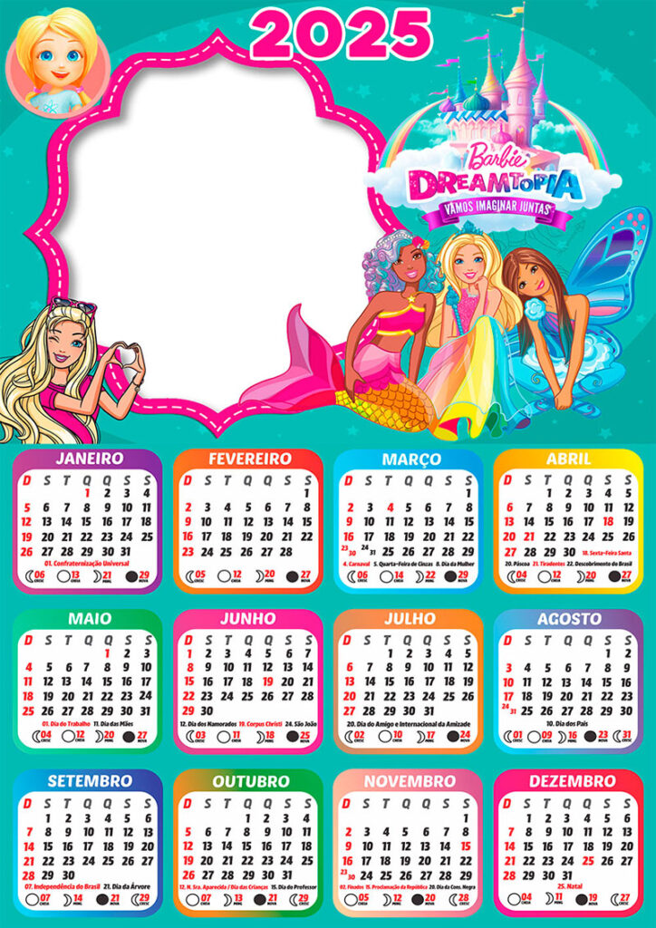 Calendário 2025 Barbie Dreamtopia em PNG Arte Digital CalendárioLegal