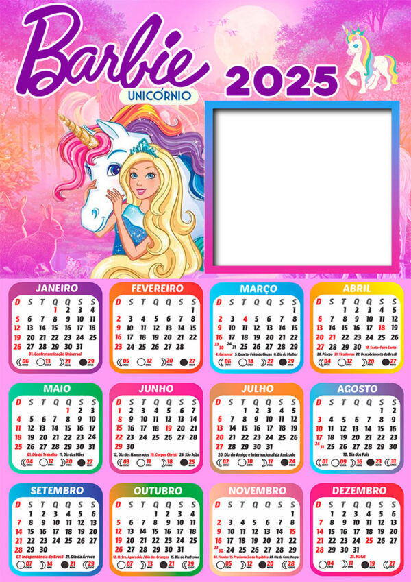 Calendário 2025 Barbie Unicórnio em PNG Arte Digital CalendárioLegal