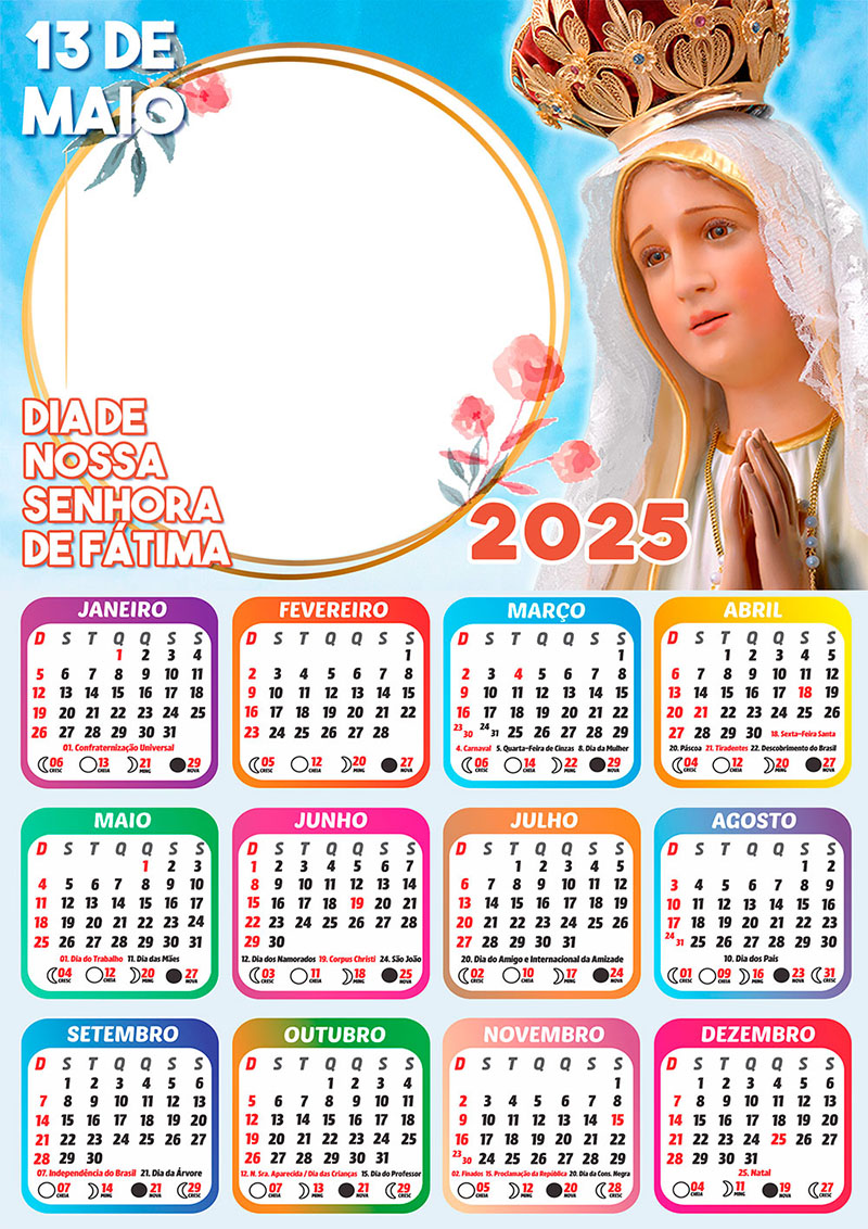 Calendário 2025 Dia de Nossa Senhora de Fátima 13 de Maio em PNG Arte