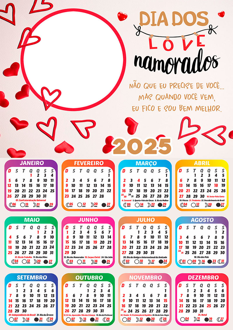 Calendário 2025 Dia dos Love Namorados em PNG Arte Digital