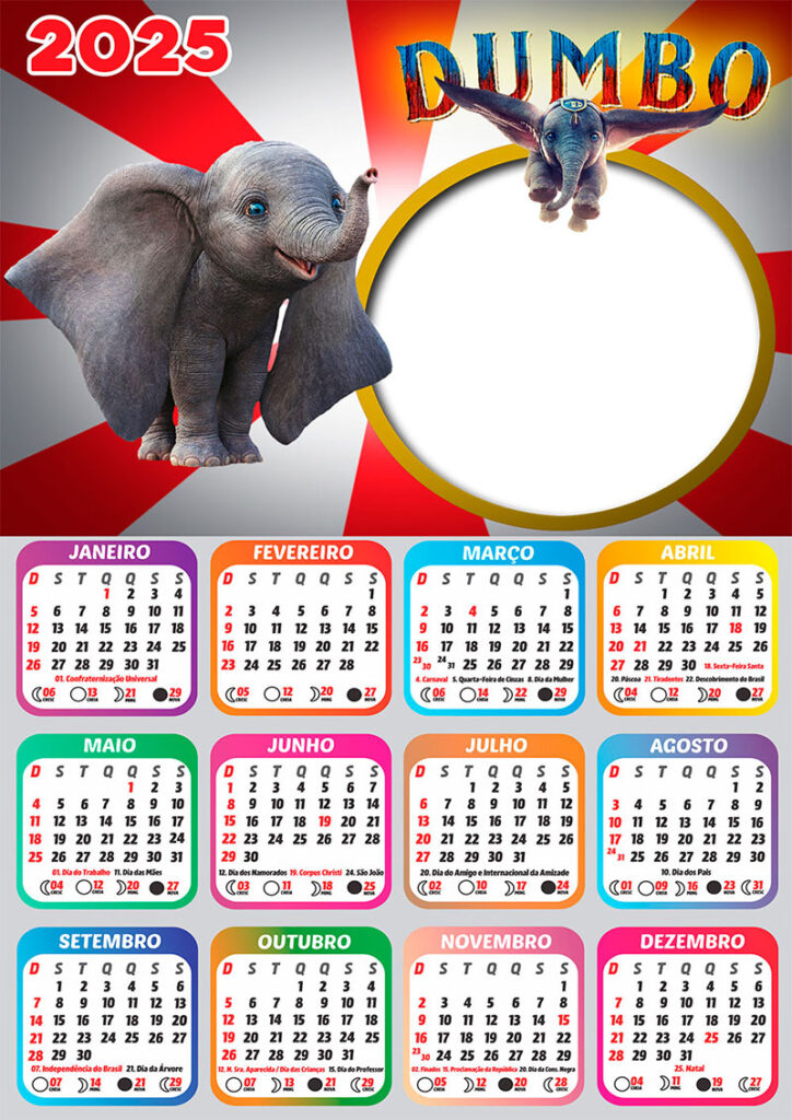 Calendário 2025 Dumbo em PNG Arte Digital CalendárioLegal