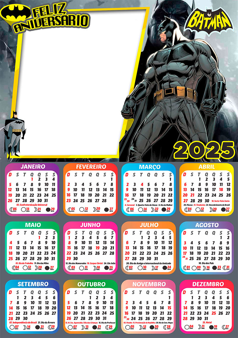 Calendário 2025 Feliz Aniversário Batman em PNG Arte Digital