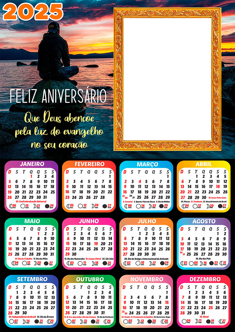 Calendário 2025 Feliz Aniversário Luz do Evangelho em PNG Arte Digital