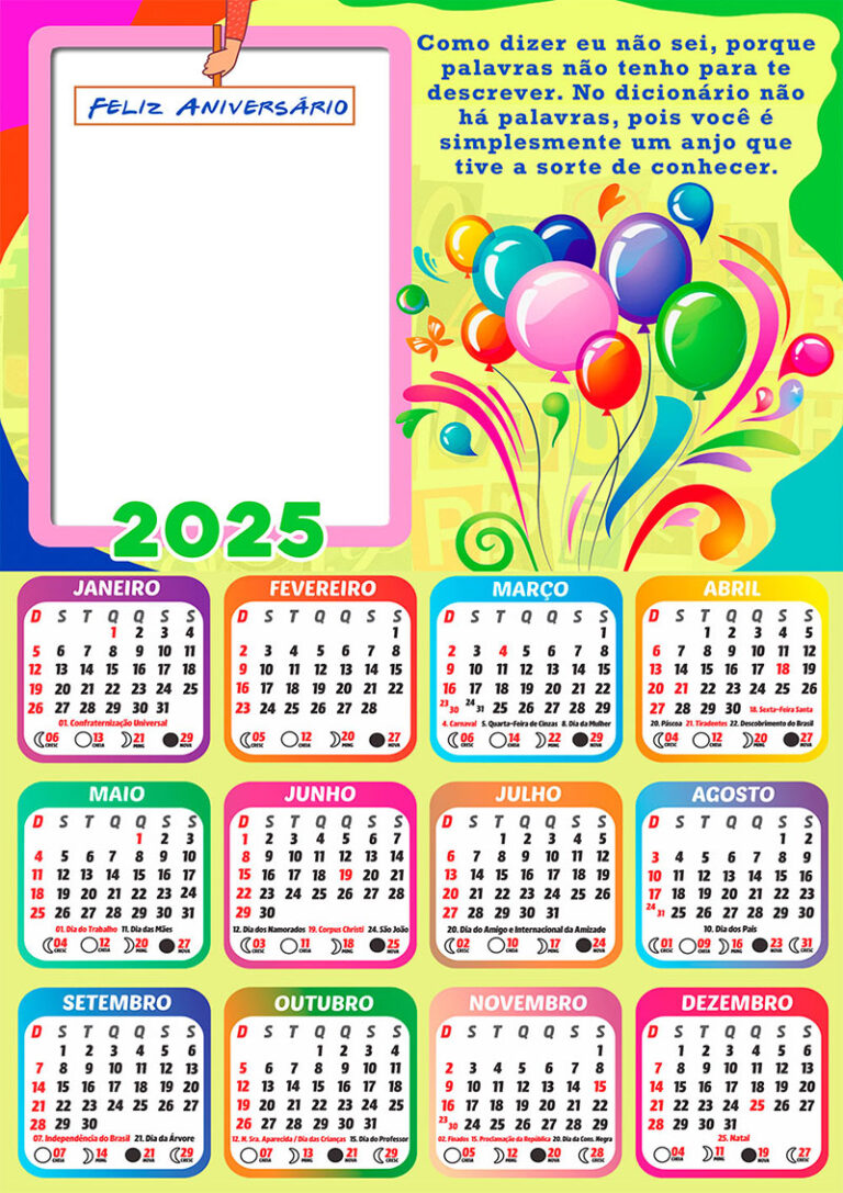 Calendário 2025 Feliz Aniversário Sorte de Conhecer Frase em PNG Arte