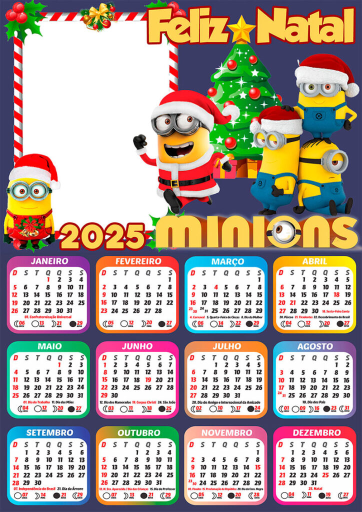 Calendário 2025 Feliz Natal Minions em PNG Arte Digital CalendárioLegal