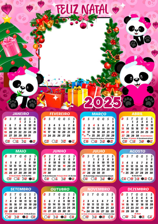 Calendário 2025 Feliz Natal Panda Rosa em PNG Arte Digital