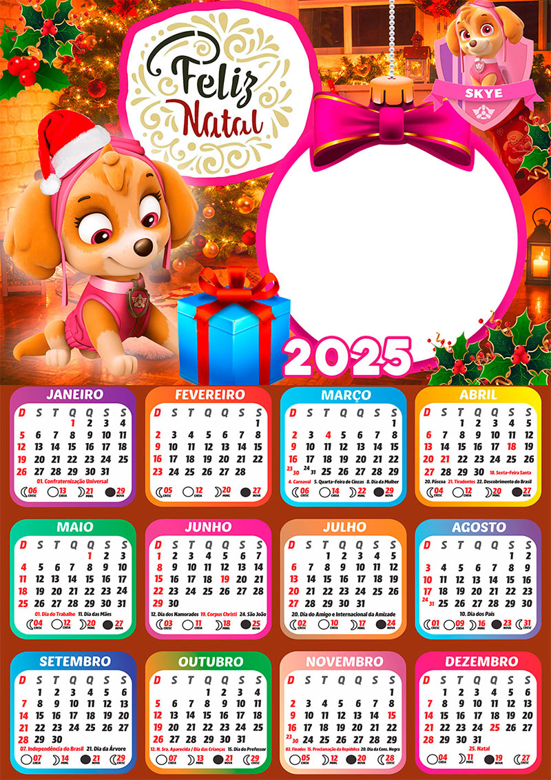 Calendário 2025 Feliz Natal Skye da Patrulha Canina em PNG Arte Digital