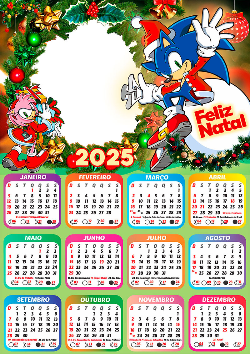 Calendário 2025 Feliz Natal Sonic em PNG Arte Digital CalendárioLegal