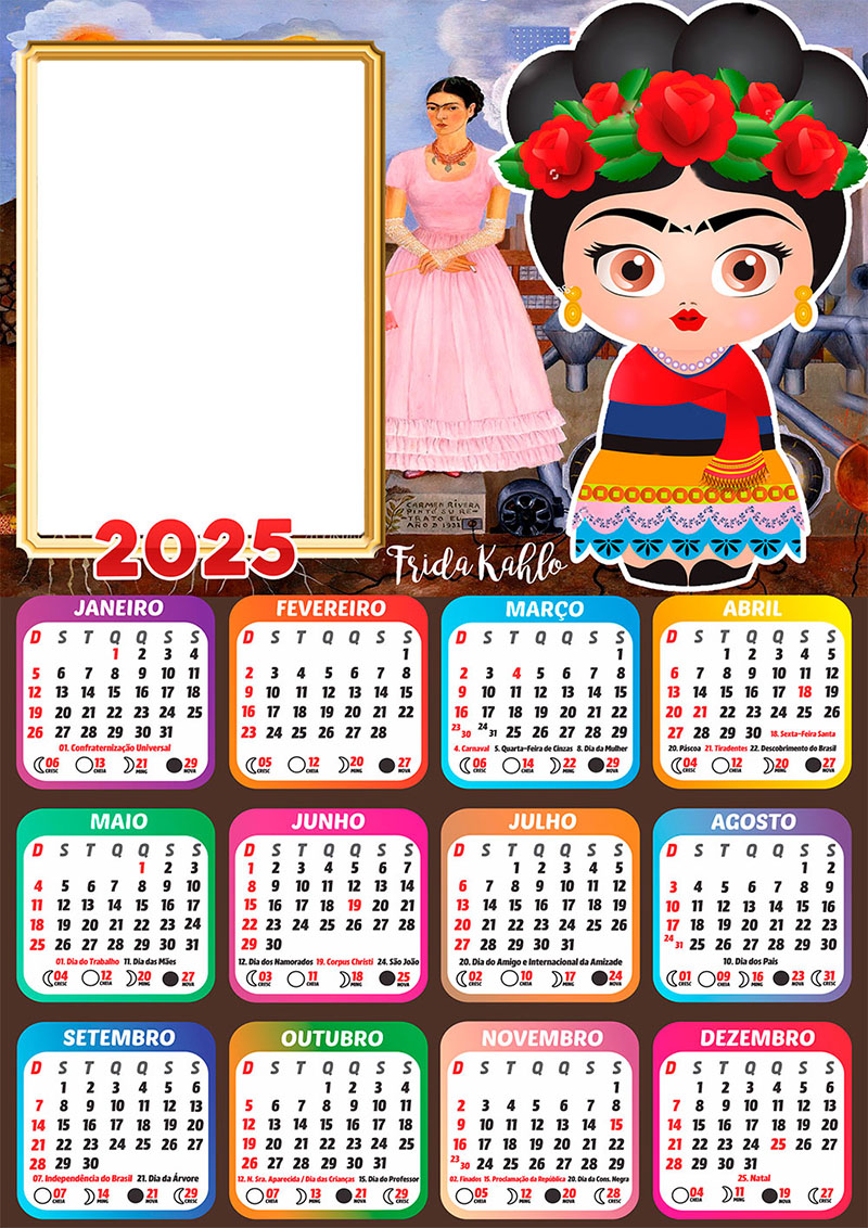 Calendário 2025 Frida Kahlo em PNG Arte Digital CalendárioLegal