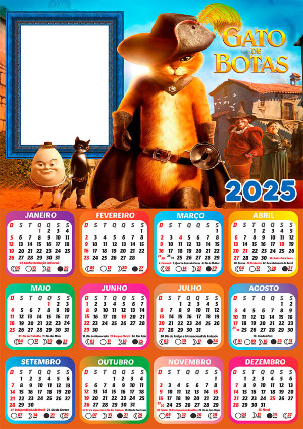 Calendário 2025 Gato de Botas em PNG Arte Digital CalendárioLegal