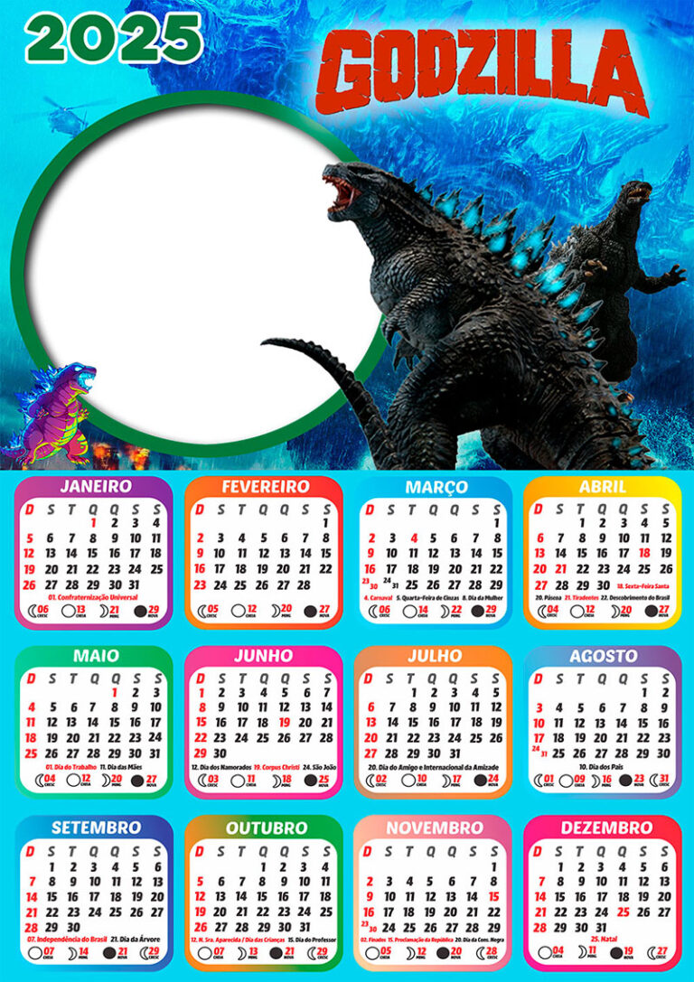 Calendário 2025 Godzilla em PNG Arte Digital CalendárioLegal