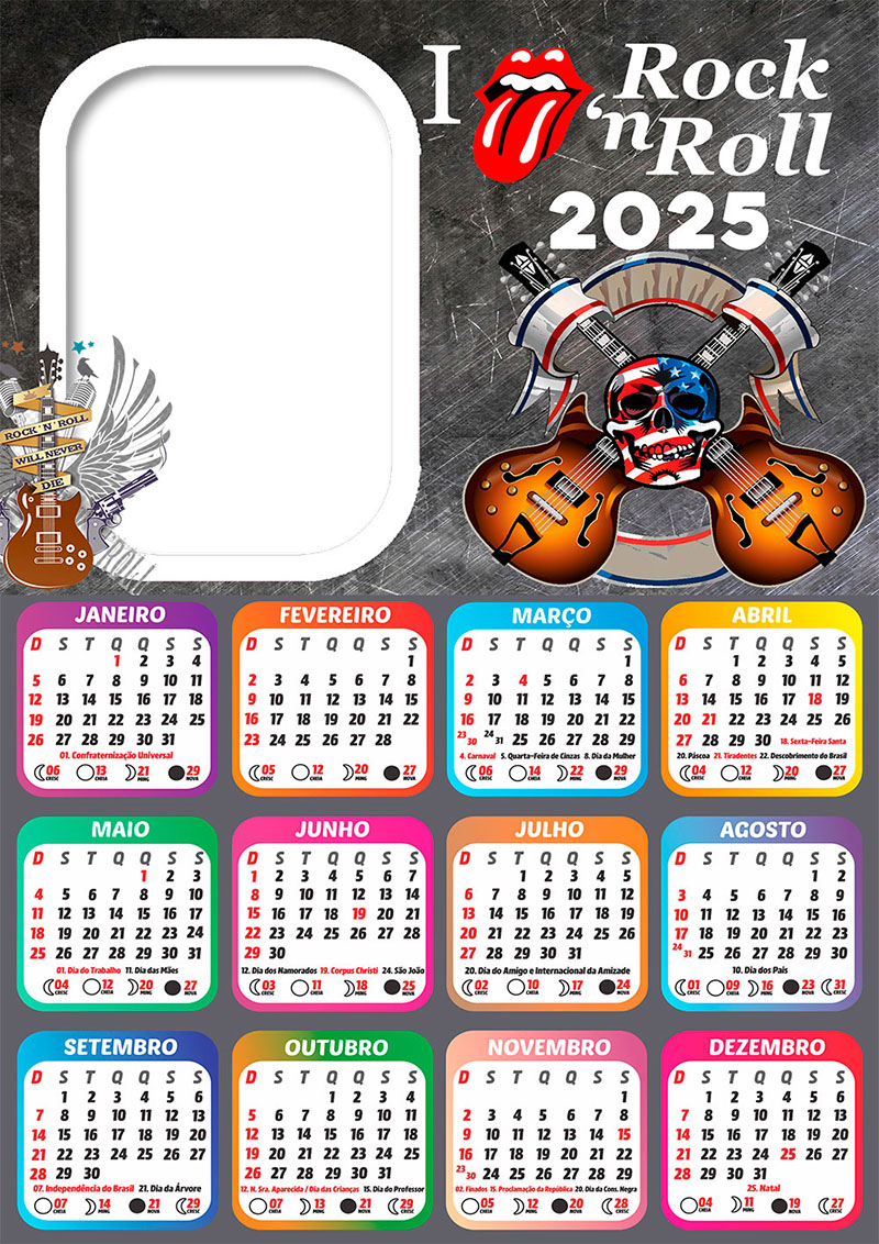 Calendário 2025 I Love Rock in Roll em PNG Arte Digital CalendárioLegal