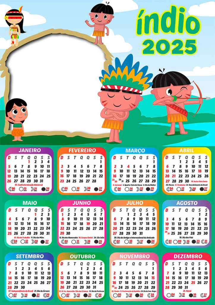 Calendário 2025 Índio Tema Infantil em PNG Arte Digital CalendárioLegal