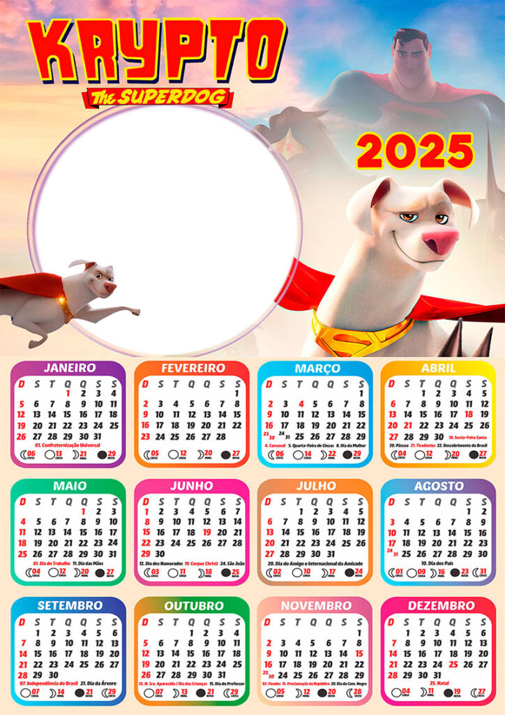 Calendário 2025 Krypto O Supercão em PNG Arte Digital CalendárioLegal