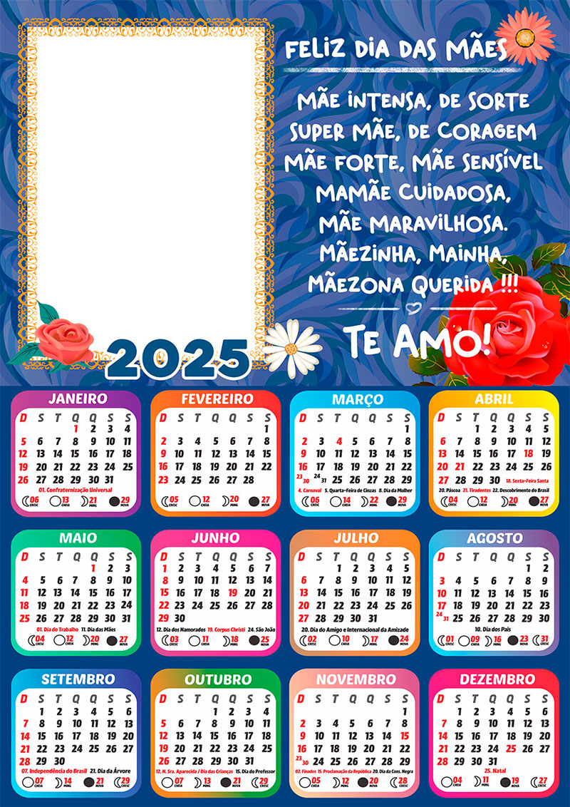 Calendário 2025 Mãe Intensa Feliz Dia das Mães em PNG Arte Digital