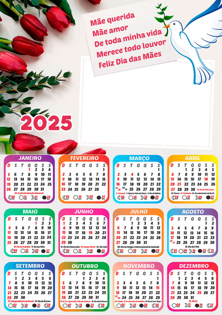 Calendário 2025 Mãe Querida Feliz Dia das Mães em PNG Arte Digital CalendárioLegal