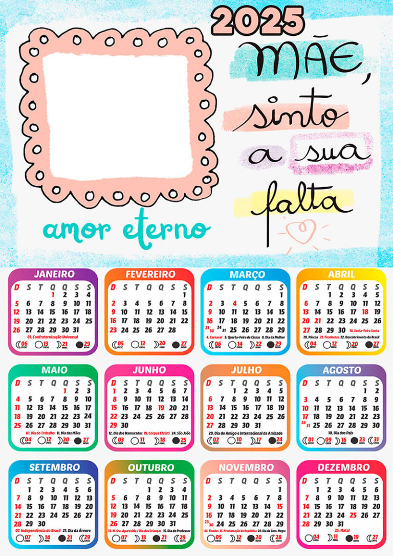 Calendário 2025 Mãe Sinto a sua falta em PNG Arte Digital CalendárioLegal