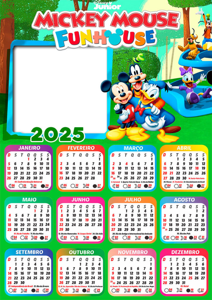 Calendário 2025 Mickey Mouse FunHouse em PNG Arte Digital CalendárioLegal