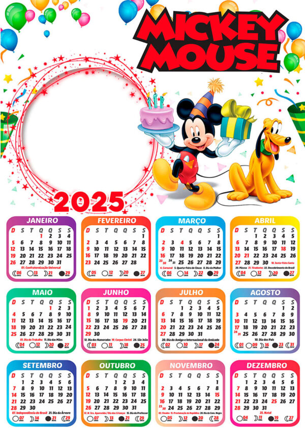 Calendário 2025 Mickey Mouse em PNG Arte Digital CalendárioLegal