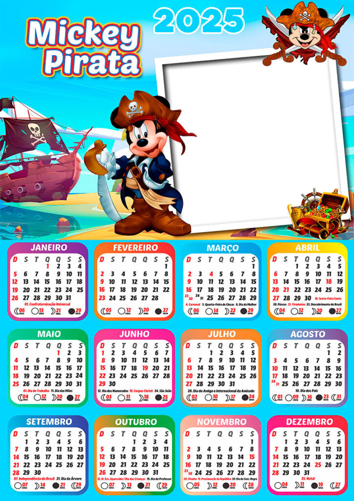 Calendário 2025 Mickey Pirata em PNG Arte Digital CalendárioLegal