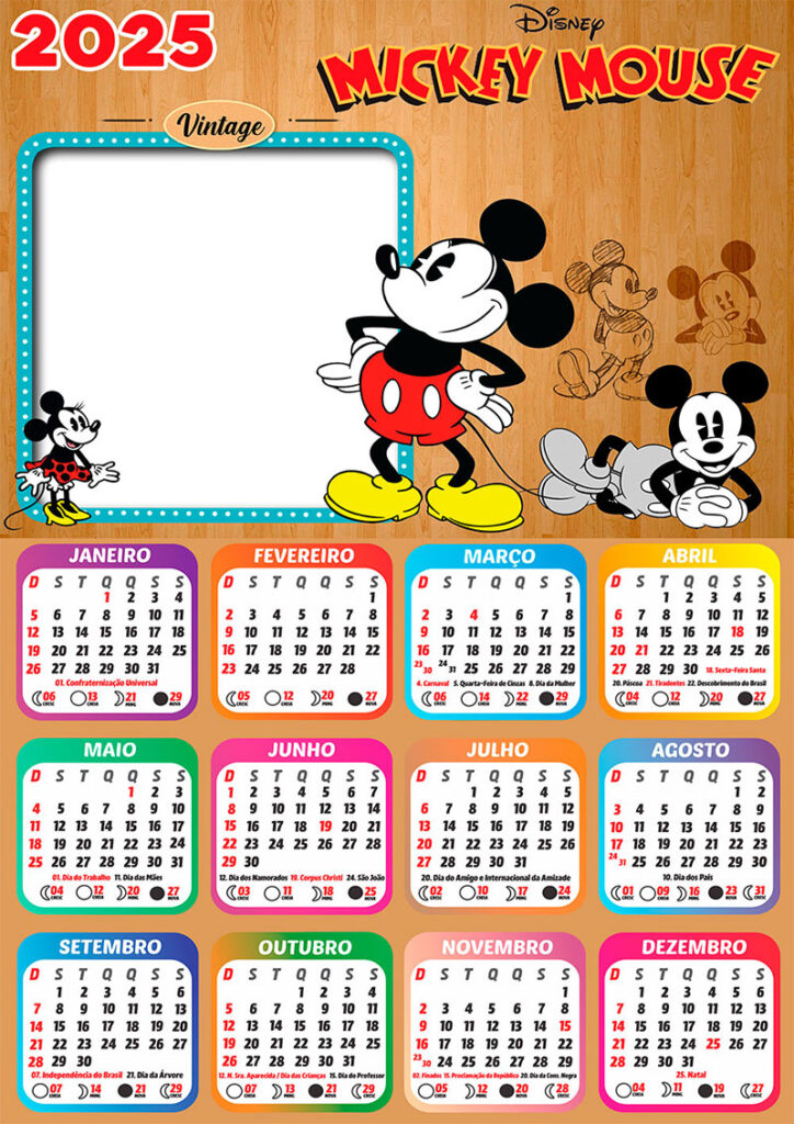 Calendário 2025 Mickey Vintage em PNG Arte Digital CalendárioLegal