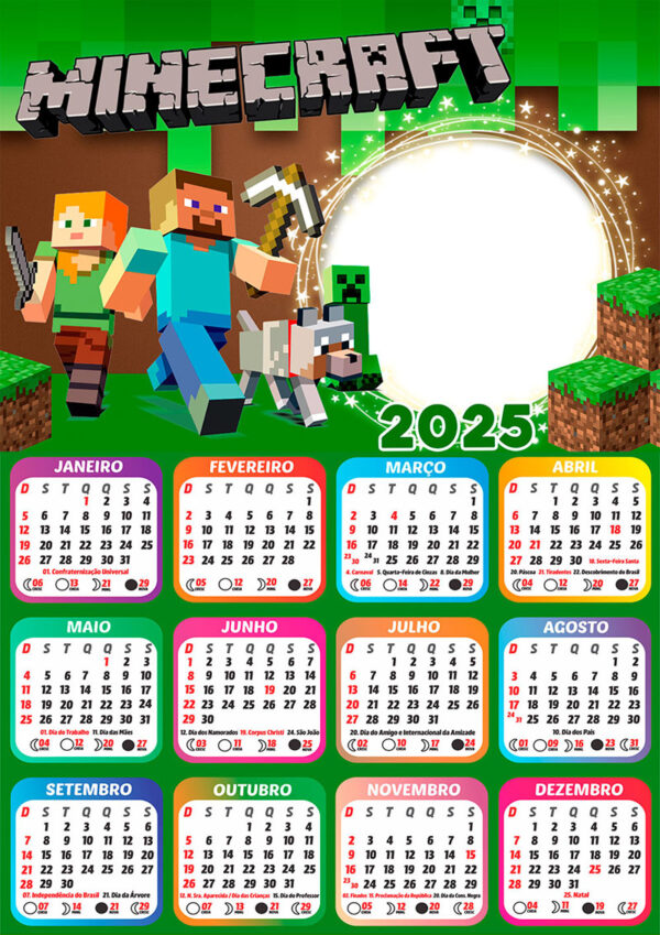 Calendário 2025 Minecraft em PNG Arte Digital CalendárioLegal