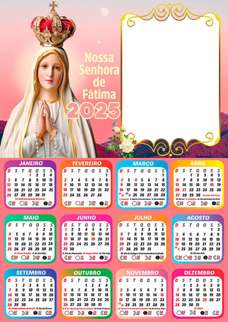 Calendário 2025 Nossa Senhora de Fátima em PNG Arte Digital