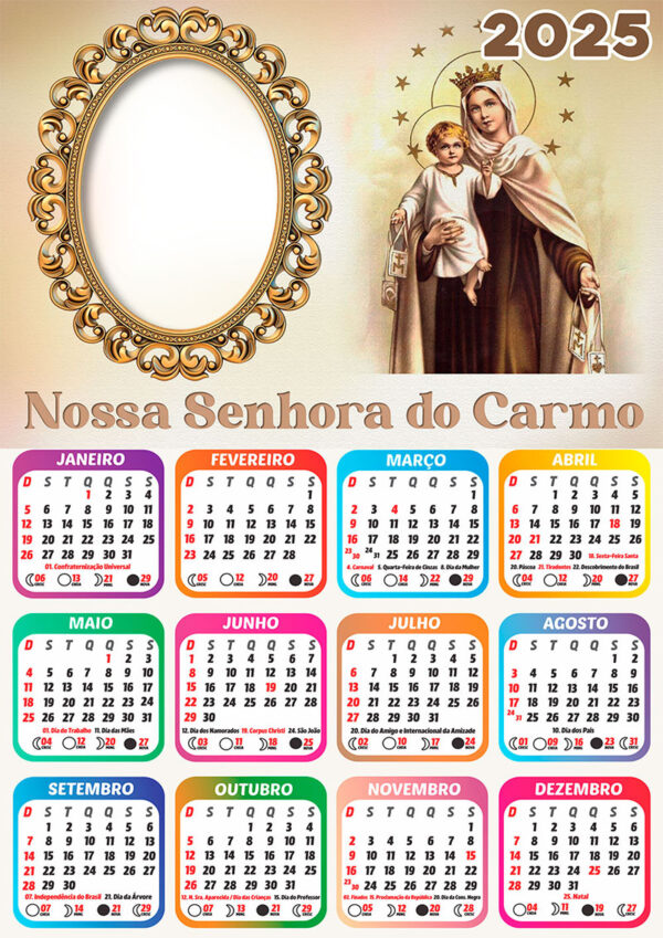 Calendário 2025 Imagem de Nossa Senhora do Carmo em PNG Arte Digital