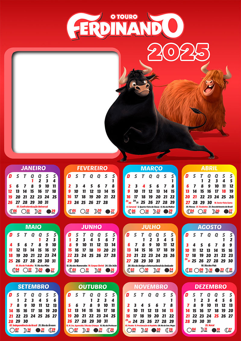 Calendário 2025 O Touro Ferdinando em PNG Arte Digital CalendárioLegal