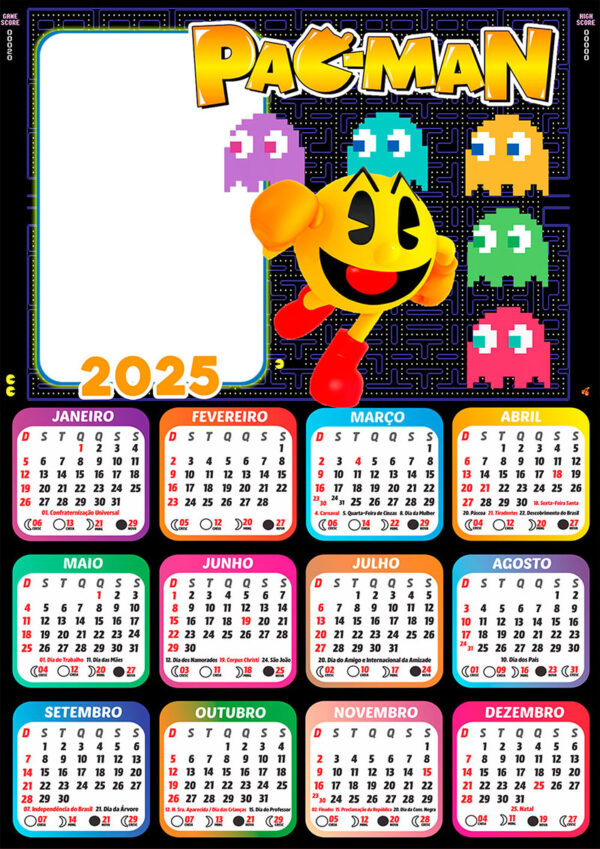 Calendário 2025 Pac Man em PNG Arte Digital CalendárioLegal