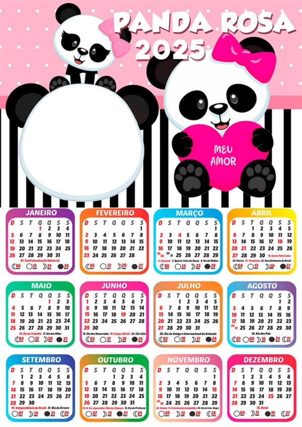 Calendário 2025 Panda Rosa em PNG Arte Digital CalendárioLegal