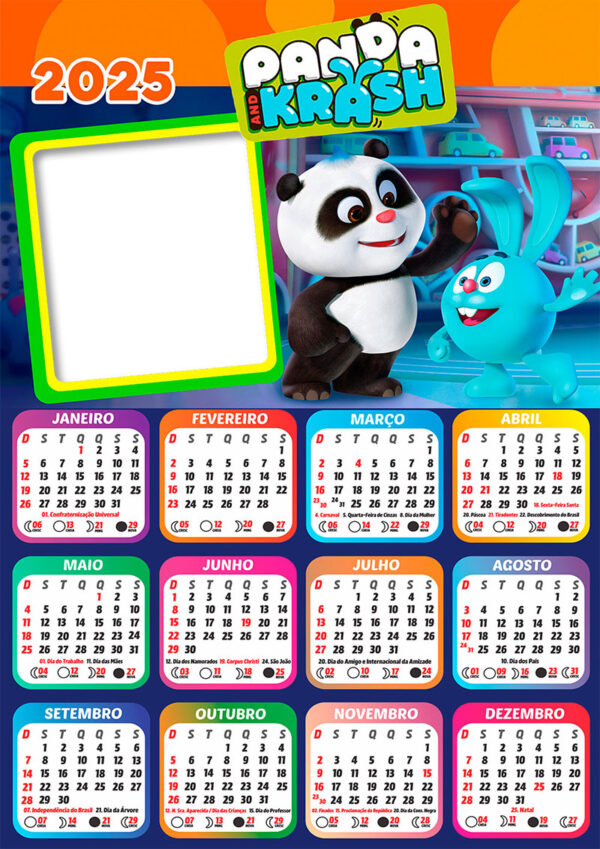 Calendário 2025 Panda e Krash em PNG Arte Digital CalendárioLegal