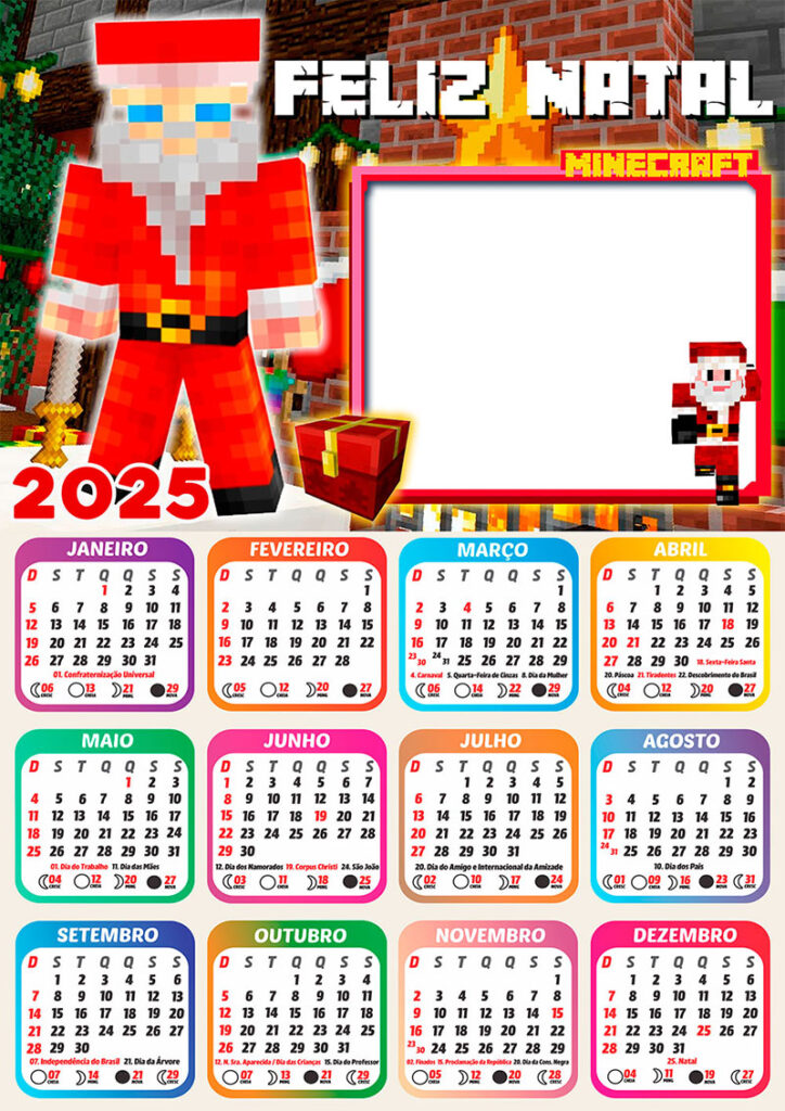 Calendário 2025 Papai Noel MineCraft em PNG Arte Digital CalendárioLegal