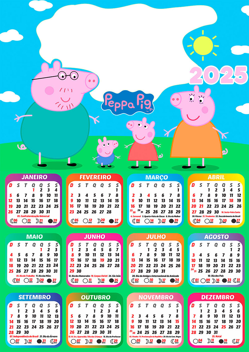 Calendário 2025 Peppa Pig Família em PNG Arte Digital CalendárioLegal