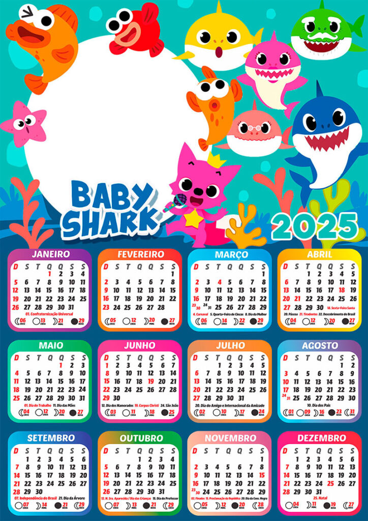 Calendário 2025 Personagens Baby Shark em PNG Arte Digital