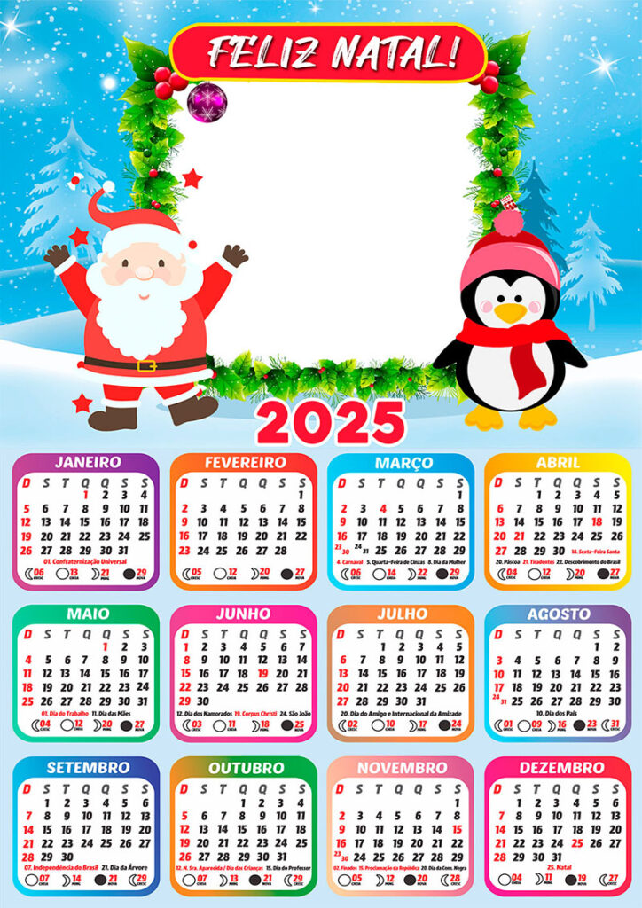 Calendário 2025 Pinguim e Papai Noel Feliz Natal Arte Digital