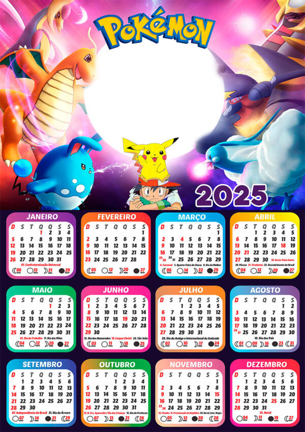 Calendário 2025 Pokémon em PNG Arte Digital CalendárioLegal