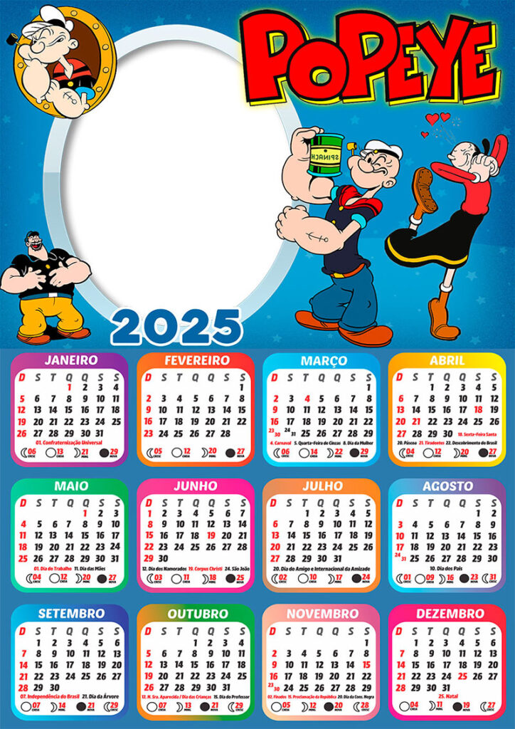 Calendário 2025 Popeye em PNG Arte Digital CalendárioLegal