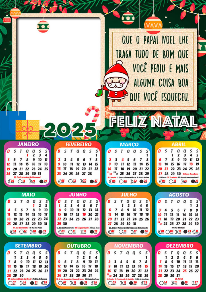 Calendário 2025 Que o Papai Noel lhe traga tudo de bom em PNG