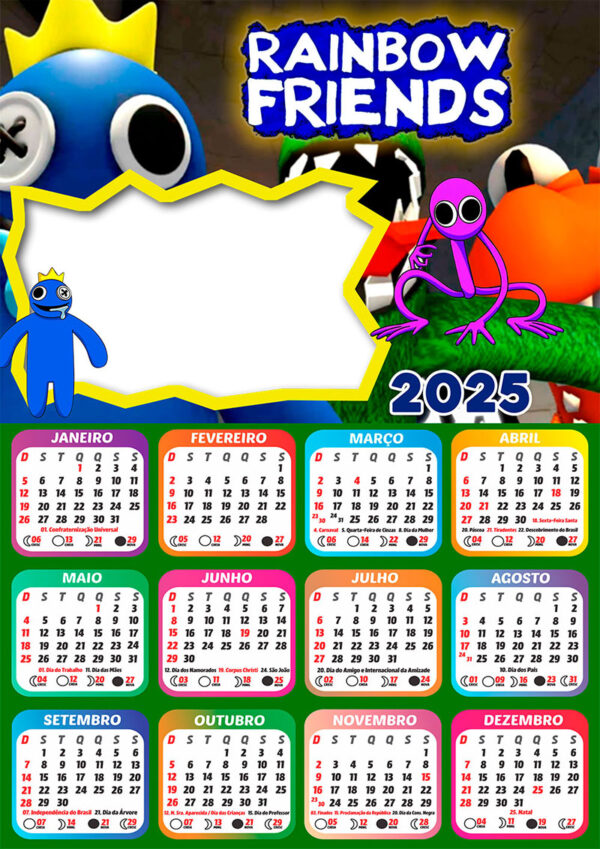 Calendário 2025 Rainbow Friends Roblox em PNG Arte Digital