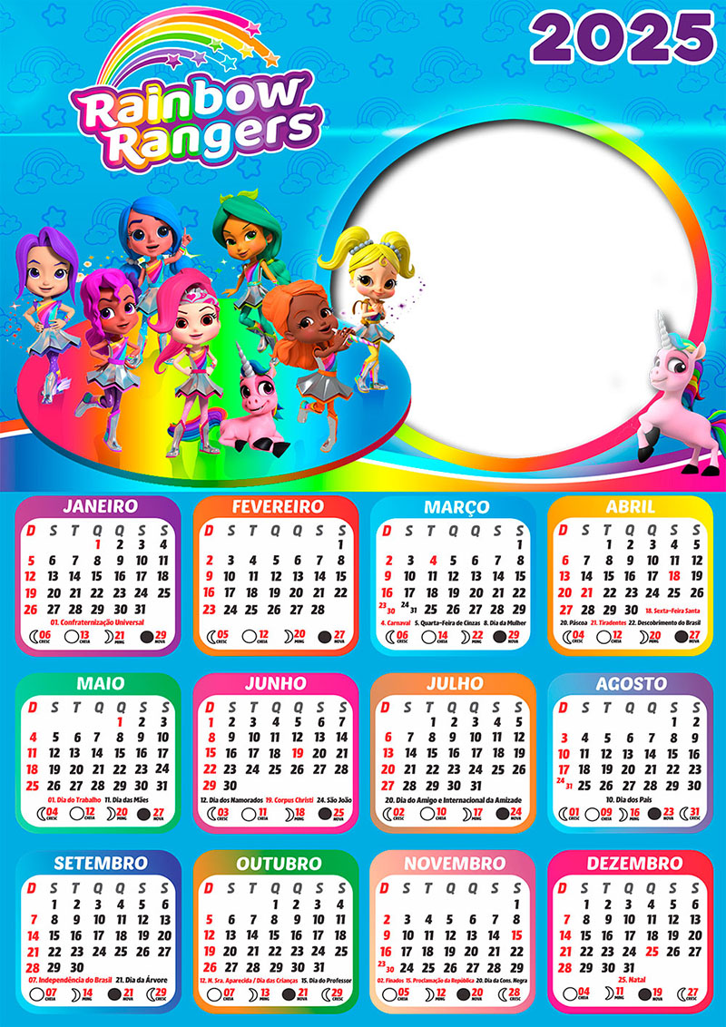 Calendário 2025 Rainbow Rangers em PNG Arte Digital CalendárioLegal