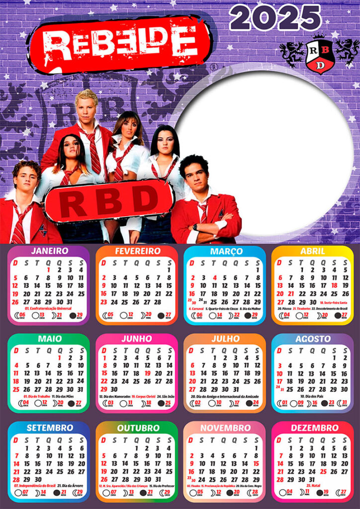 Calendário 2025 Rebelde RBD em PNG Arte Digital CalendárioLegal