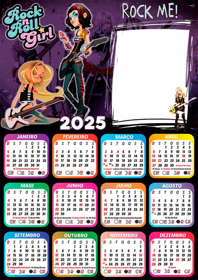 Calendário 2025 Rock n Roll Girls em PNG Arte Digital CalendárioLegal