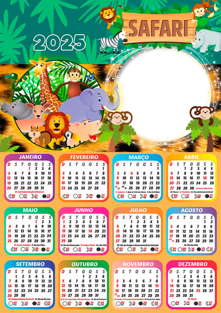 Calendário 2025 Safari Infantil em PNG Arte Digital CalendárioLegal