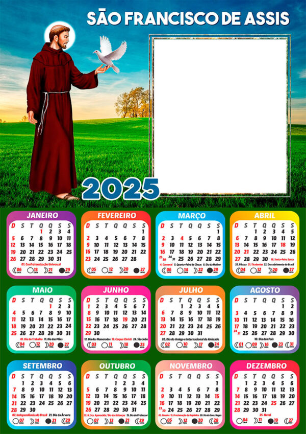 Calendário 2025 São Francisco de Assis em PNG Arte Digital