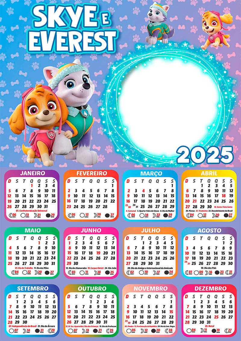 Calendário 2025 Skye e Everest em PNG Arte Digital CalendárioLegal