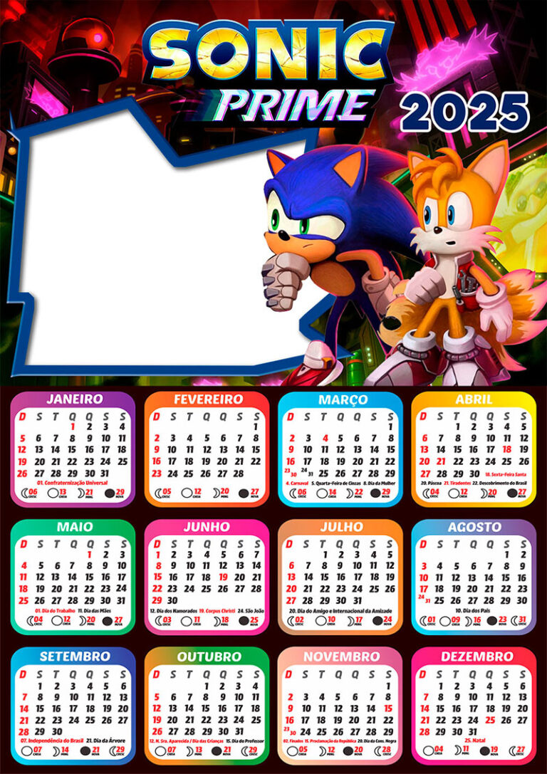 Calendário 2025 Sonic Prime em PNG Arte Digital CalendárioLegal