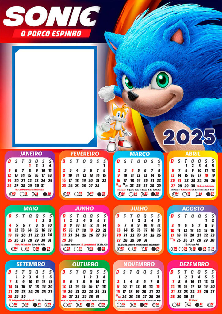 Calendário 2025 Sonic em PNG Arte Digital CalendárioLegal