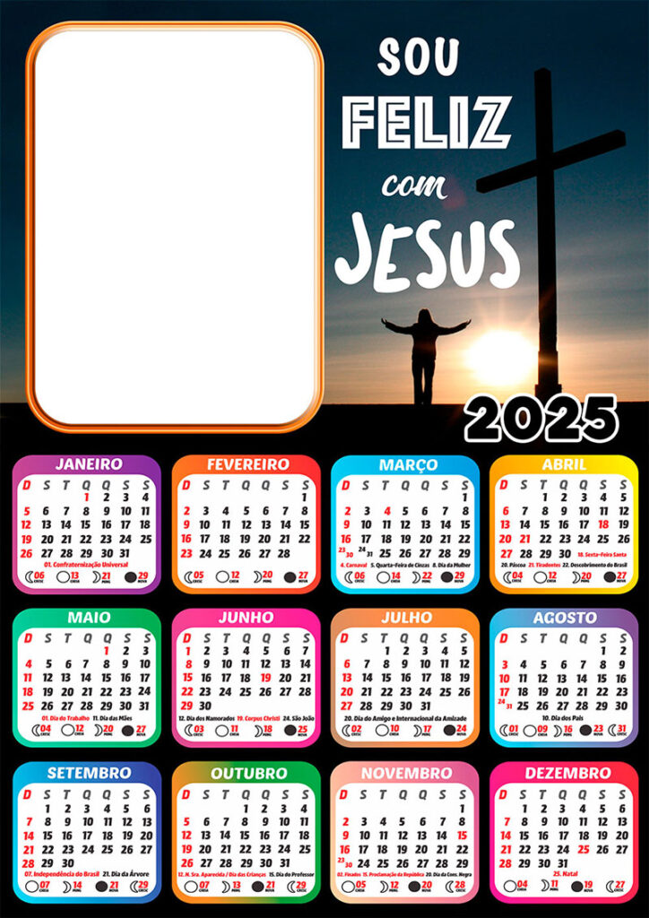 Calendário 2025 Sou Feliz com Jesus em PNG Arte Digital CalendárioLegal